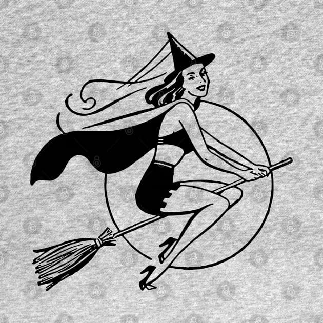 Halloween Vintage Retro Witch Pinup Girl on Broom by PUFFYP